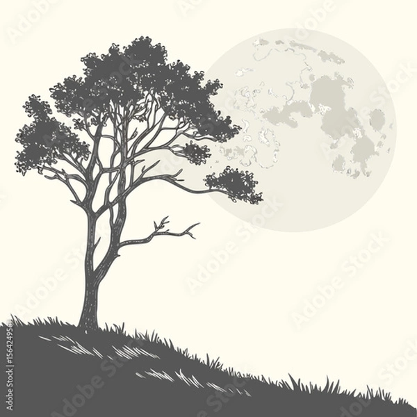 Fototapeta Silhouette tree against pale moon and grassy hill night