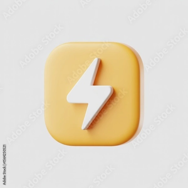 Fototapeta Lightning Bolt Icon: Minimalist white lightning bolt on yellow square with light gray background, modern clean aesthetic, symbolizing energy, power, and speed.