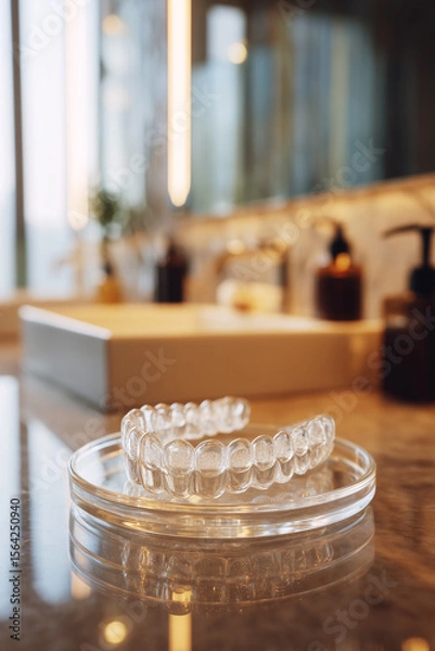Obraz realistic close-up of clear dental aligners braces placed on a glass tray