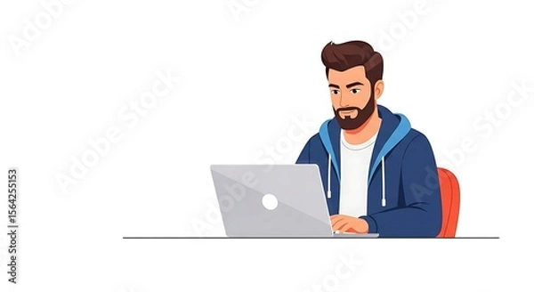 Fototapeta Man with beard wearing hoodie using laptop computer sitting at desk in a bright white environment
