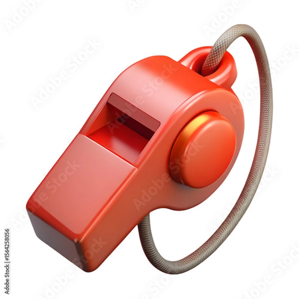Fototapeta Bright red plastic whistle with lanyard isolated on transparent background