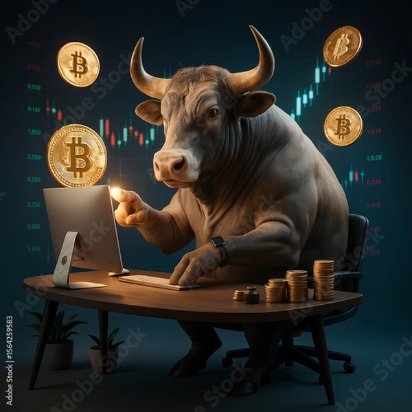 Fototapeta A realistic bull trades cryptocurrency at a desk with Bitcoin coins and market charts behind him.