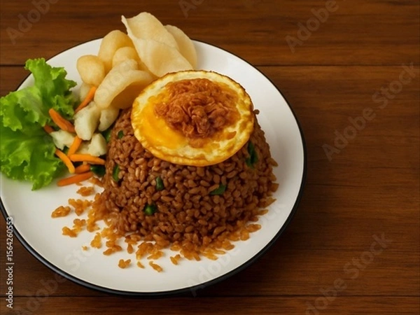 Fototapeta Classic Indonesian Nasi Goreng, a popular stir-fried rice dish, served with a crispy fried egg, crackers, and fresh vegetables on a wooden table.