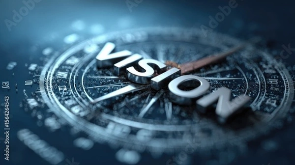 Fototapeta Visionary Compass: A macro perspective of a compass with the word "VISION" emblazoned upon it, representing the path towards foresight and direction, underscored by a soft blue ambience.