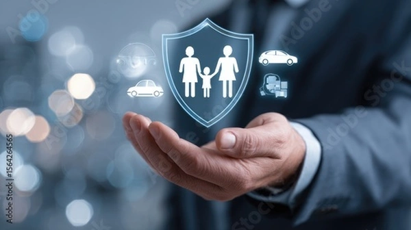 Fototapeta Protection in Hand: A hand cradles a digital shield, illustrating the concept of family, health, and property insurance, reflecting security and peace of mind.
