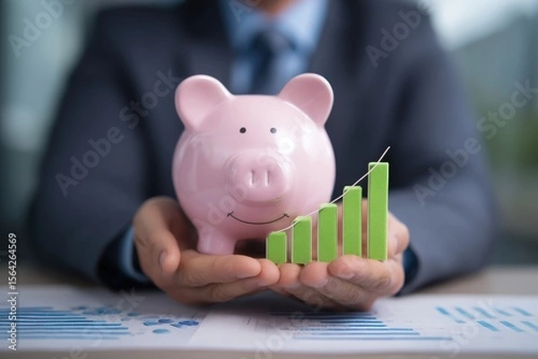 Fototapeta Financial Growth in Hand: A focused individual cradles a piggy bank beside an upward-trending graph, symbolizing growth in finance. The setting is subtly lit.
