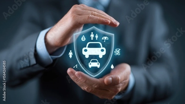 Fototapeta Protective Shield: A hand holding a glowing shield above a car emblem representing a concept of insurance and protection.