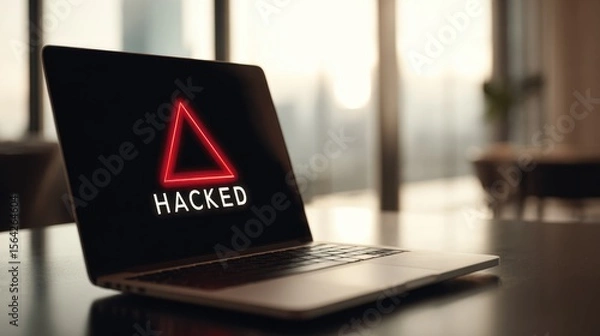 Fototapeta Cybersecurity Breach: A close-up view of a laptop displays a stark warning of being hacked, casting a sense of unease and digital vulnerability. 