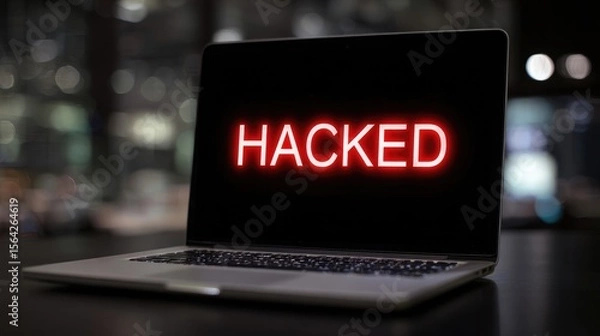Fototapeta Cyber Security Breach: A close-up shot of a laptop displaying the ominous word "HACKED" in glowing red letters, signaling a data breach or cyber threat.