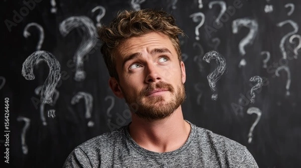 Fototapeta Contemplative Musings: A thoughtful individual, with a curious look in his eyes, is deep in thought with question mark swirling around him.