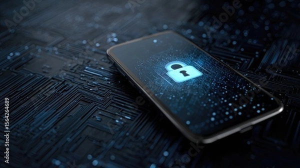 Fototapeta Secure Device: A smartphone displays a digital lock symbol on its screen, symbolizing data security and privacy. Surrounded by a dark, high-tech background