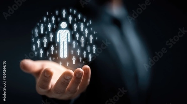 Fototapeta Human Resources in Hand: a businessman presenting the human resources icon symbolizing employees, talent management, teamwork, in the palm of his hand.