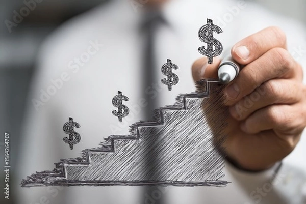 Fototapeta Financial Growth Visualization: A businessman's hand draws a rising staircase symbolizing financial growth, with dollar signs ascending along the steps, illustrating progress and success.