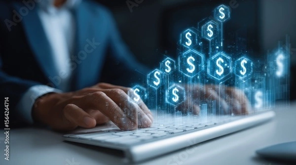 Fototapeta The Genesis of Growth: A businessman's focused hands navigate the digital realm as currency symbols spring to life, symbolizing financial progress and innovation in a professional workspace.