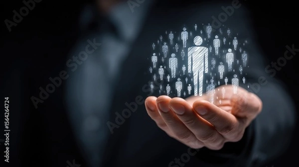 Fototapeta Strategic Growth: A businessman's open hand cradles a holographic representation of community, signifying expansion, connectivity, and human potential.