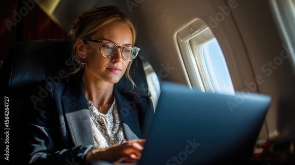 Fototapeta Businesswoman on the Fly: A focused and elegant businesswoman, immersed in her work on a laptop aboard a private aircraft, epitomizes the concept of business travel and remote productivity.