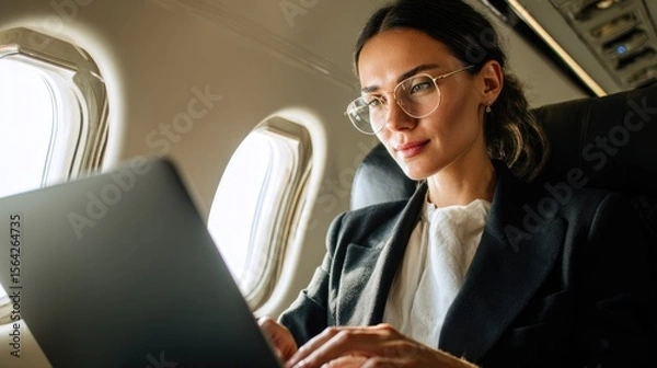 Fototapeta Focused Journey: A business person, immersed in work on a laptop, gazes thoughtfully from an airplane window, embodying the spirit of a connected travel experience.