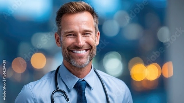 Fototapeta A Doctor's Warmth: A distinguished doctor with a comforting smile, stethoscope in place, offers a sense of trust and reassurance. Set against a softly blurred backdrop.
