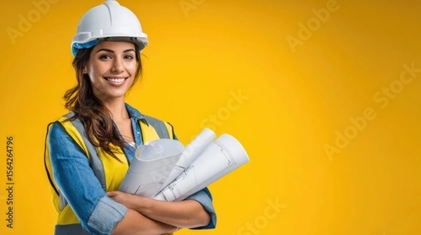Fototapeta Confident Architect in Construction: A skilled female architect, wearing a white helmet and safety vest, confidently holds blueprints, a testament to her expertise and dedication.