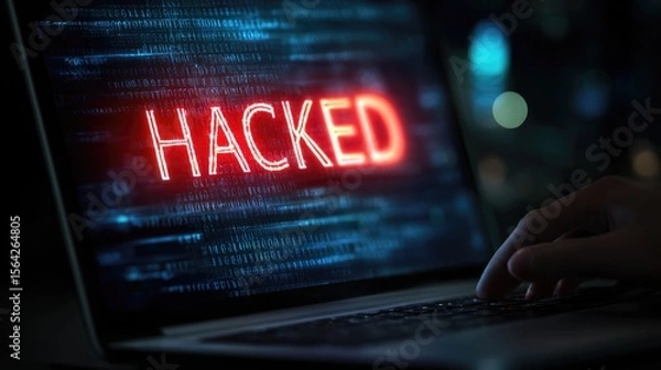 Fototapeta Digital Breach: A close-up shot of a laptop displaying a "HACKED" alert, illustrating the danger of cyber threats and the urgency of digital security.