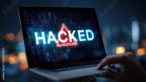 Fototapeta Laptop Hacked Alert: A close-up shot of a laptop screen displaying a stark "Hacked" warning, symbolizing a critical cybersecurity breach.  The image evokes a sense of urgency and vulnerability.