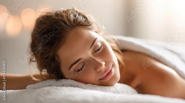 Fototapeta Relaxing Spa Day: A young woman with serene look lies on a massage table, bathed in soft light, completely relaxed and enjoying a luxurious spa treatment.