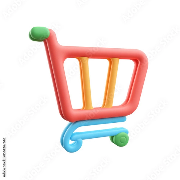 Obraz A vibrant and playful 3D icon featuring a stylized shopping cart rendered in a cheerful color palette suitable for e-commerce and online retail platforms