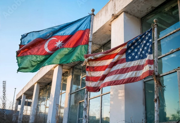 Fototapeta azerbaijani and us flags flutter in the wind near the dilapidated embassy building