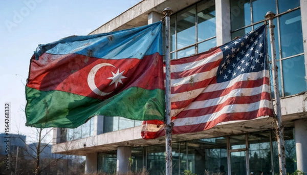 Fototapeta azerbaijani and us flags near an abandoned building in a crumbling urban area