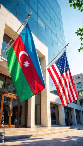 Fototapeta flags of azerbaijan and the united states of america in front of an office building or embassy