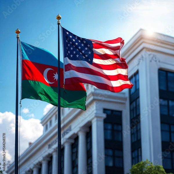 Fototapeta flags of the United States of America and Azerbaijan against the backdrop of the embassy building