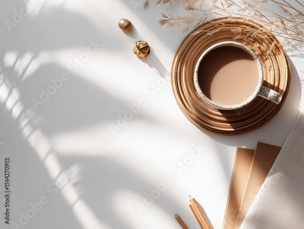 Fototapeta Modern Minimal Workspace Top View with Coffee and Natural Elements