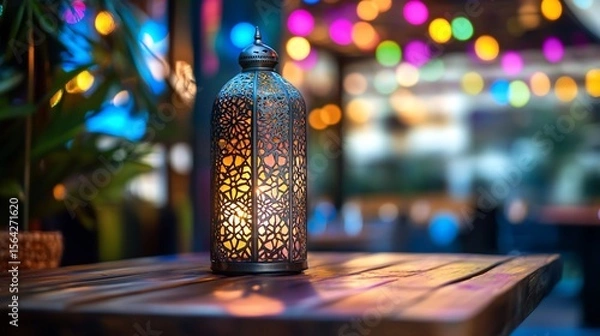 Fototapeta Ornate lantern casting a warm glow in a festive atmosphere on wood table