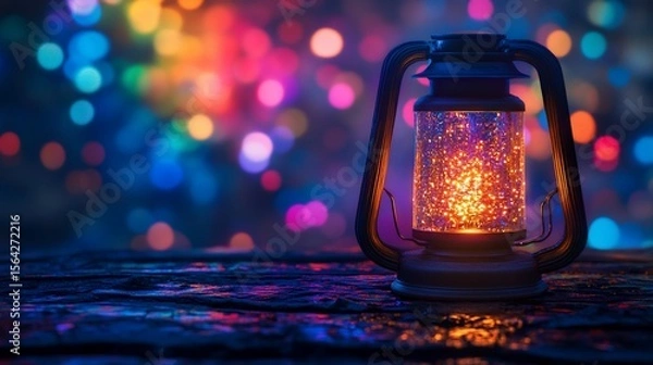 Fototapeta Enchanting glow: Vintage lantern casting light amid festive bokeh night scene