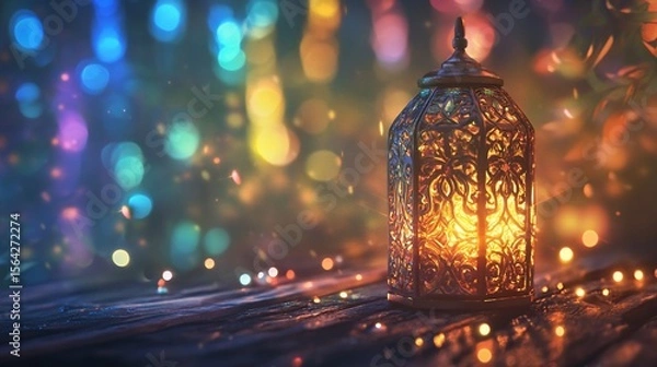Fototapeta Ornate Lantern Casting a Warm Glow Amidst Festive Bokeh Lights Backdrop