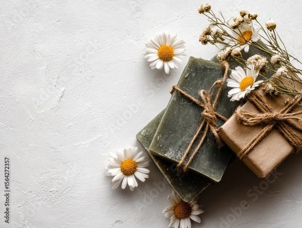 Fototapeta Minimalist Styling with Olive Soap, Twine, and Daisies on Background