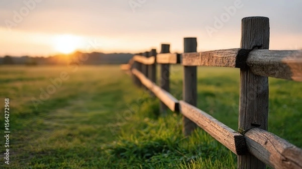 Obraz Rustic wooden fence at sunrise in tranquil field