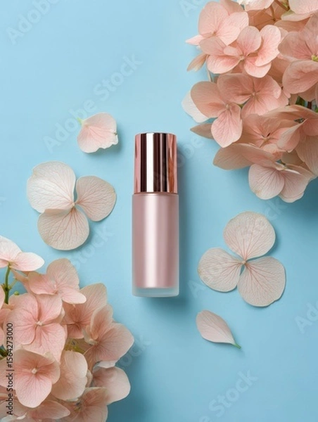 Obraz Elegant display of pale peach hydrangea blossoms and petals with cosmetic bottle on blue background