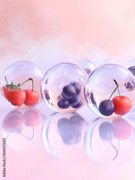 Fototapeta みずみずしい水滴の中のフルーツのピンク背景