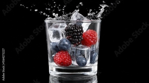 Obraz Refreshing ice cubes and berries splashing in glass for beverage concepts