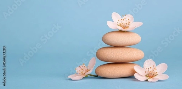 Fototapeta A serene arrangement of smooth, pastel-colored pebbles with delicate pink flowers on a soft blue background, evoking tranquility and natural beauty.
