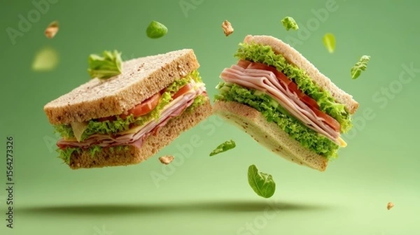 Obraz Levitating sandwiches with fresh lettuce on light background for food design