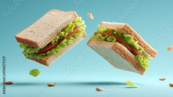 Obraz Two levitating sandwiches with salad leaves on light blue background for modern food design