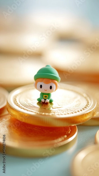 Fototapeta Cute small elf figurine sitting on shiny gold coin with blurred coins background, bright and warm festive atmosphere