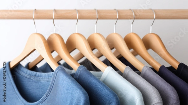 Fototapeta Blue, gray, and black t-shirts on wooden hangers, neatly arranged on clothing rack, minimalist style, calm and organized