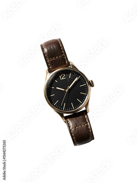 Obraz Close-up of a simple, elegant wristwatch, isolated on a white background, featuring a round black dial with gold-tone hour markers and hands, including a slim second hand. 