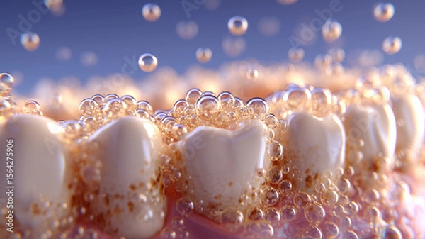 Fototapeta Effervescent micro bubbles lift plaque from tooth surfaces in vivid macro scene of active oral hygiene cleansing.
