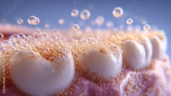 Fototapeta Effervescent micro bubbles lift plaque from tooth surfaces in vivid macro scene of active oral hygiene cleansing.
