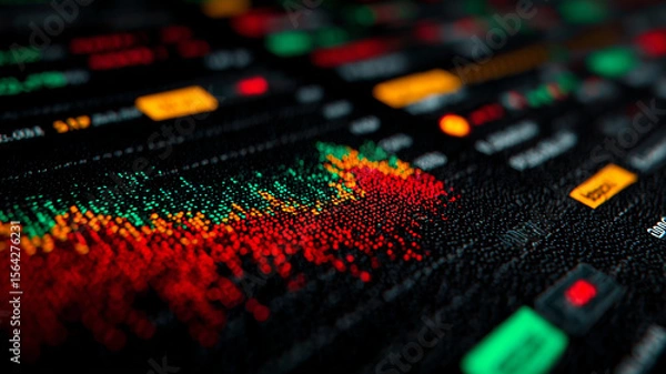 Fototapeta LED stock ticker display illustrates fast-moving financial trading data with vivid red, green and yellow signals.
