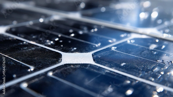 Fototapeta Macro view of rain-kissed solar cells representing clean-energy innovation and sustainable investment potential.
